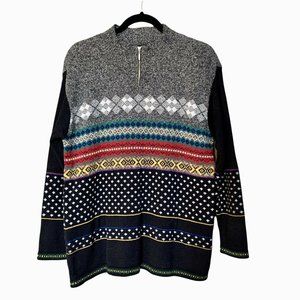 Vintage Womens Sweater Fair Isle Lizwear Petite S/M 1/4 Zip Small Gray Black